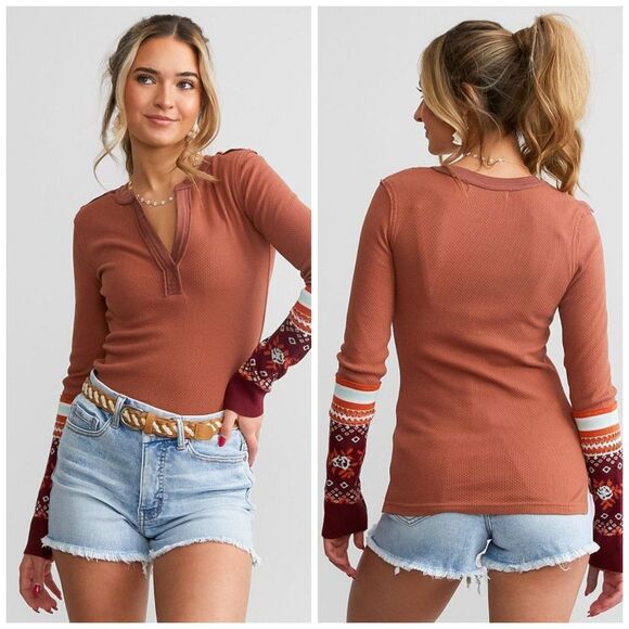 We The Free x Free People Mikah Cuff Layering Thermal Shirt in Autumn - Picture 1 of 12